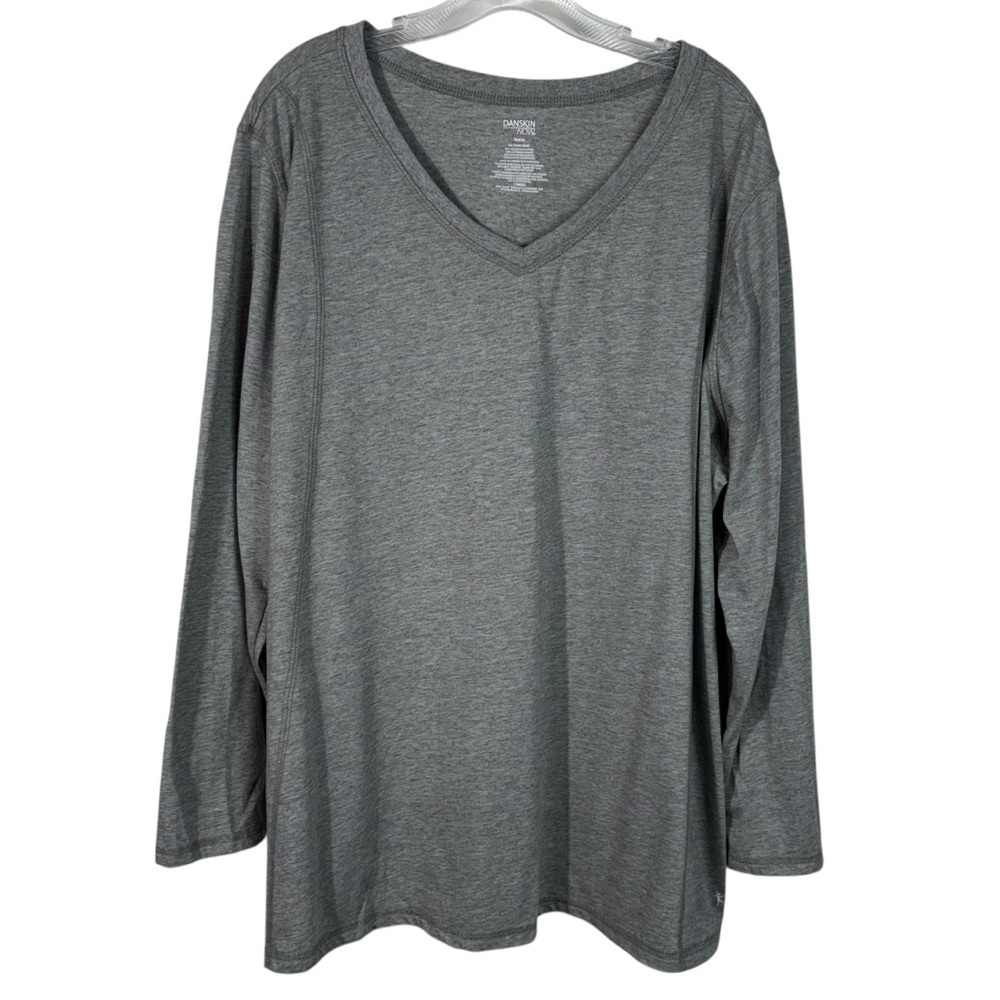 Danskin Now Gray Loose Fit V-neck Long Sleeve Casual Gray T-Shirt Plus Size 4X
